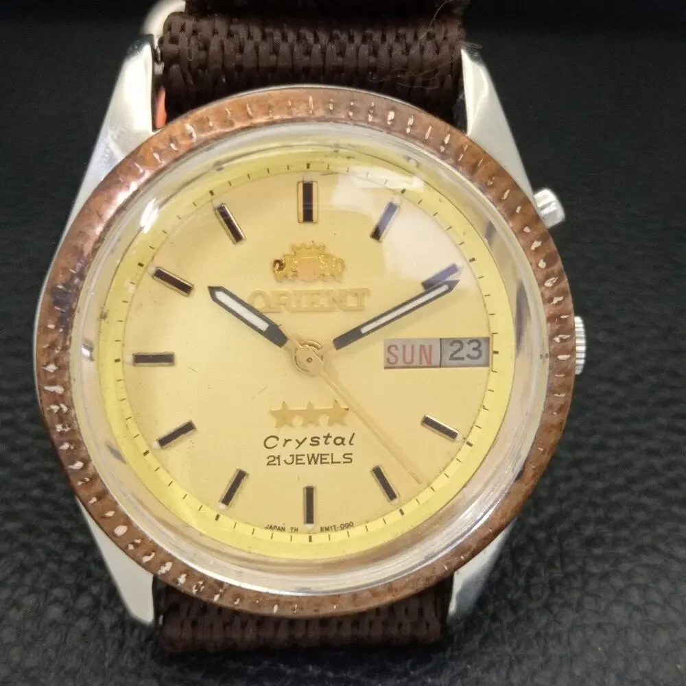 Vintage 1981 Orient Automatic Mens Silver Watch W/daydate & Gold accents